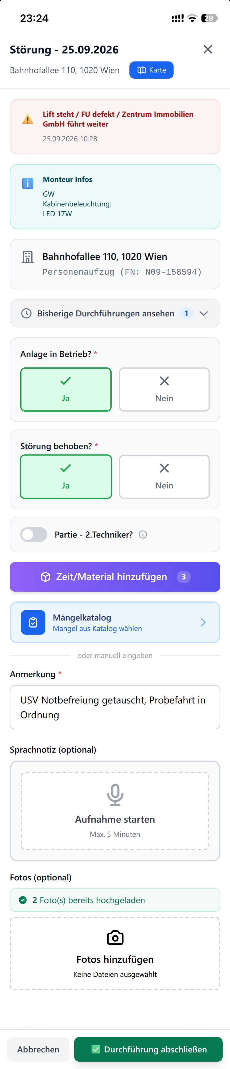 Durchführung einer Störung mit Arbeitszeit, Material und Fotos